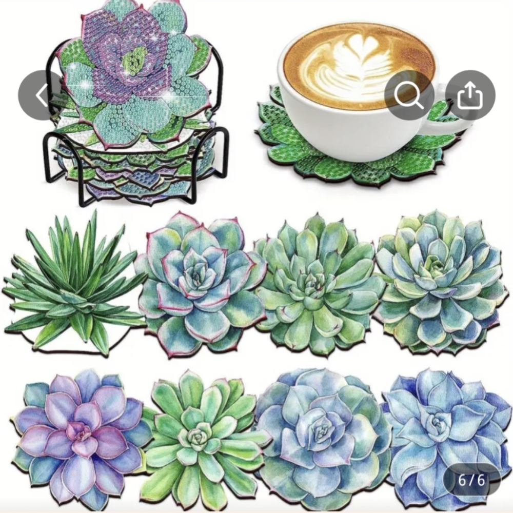 Finished Handmade Diamond Art Succulent Coasters Set of 6